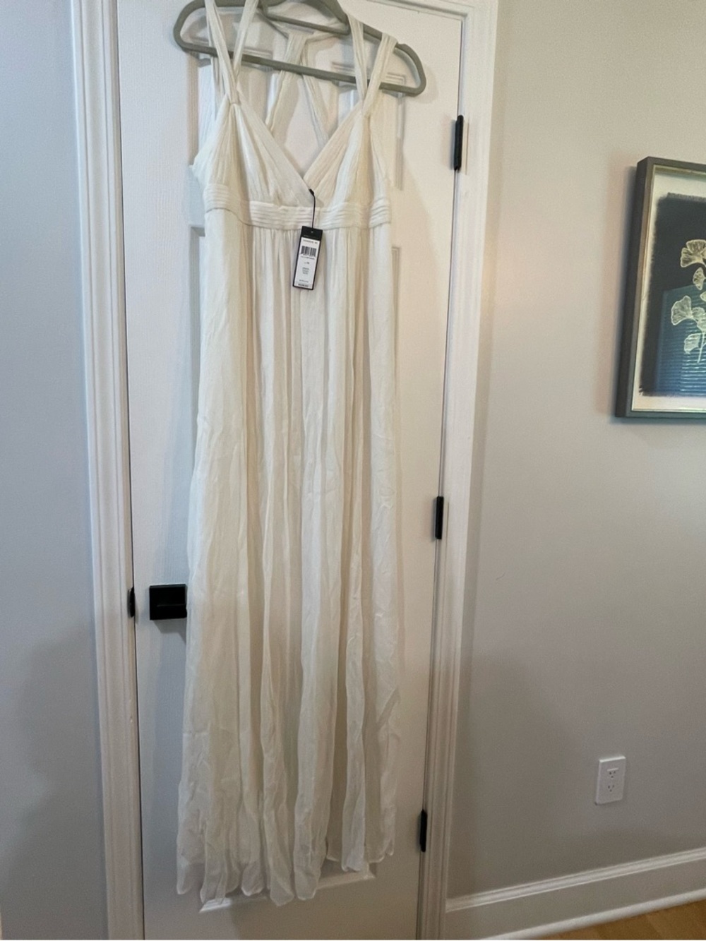 BCBGMaxAzria Cream Chiffon V-Neck Maxi Dress with Cross Back Straps